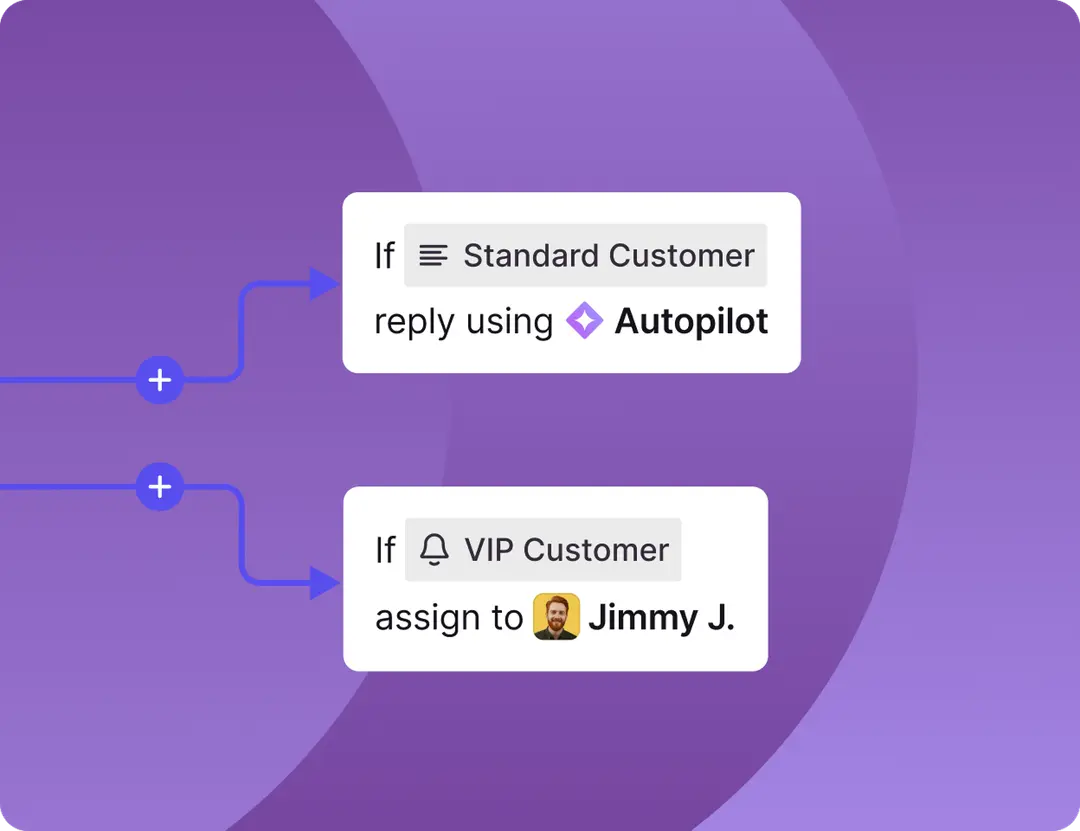 A routing rule branching two ways: standard customers get a reply from Autopilot, VIP customers are assigned to a named teammate